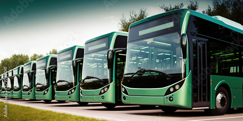 Green electric buses in a row. Generative AI