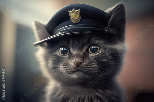 Cat face or cat head in a police hat. Generative AI. Fototapet