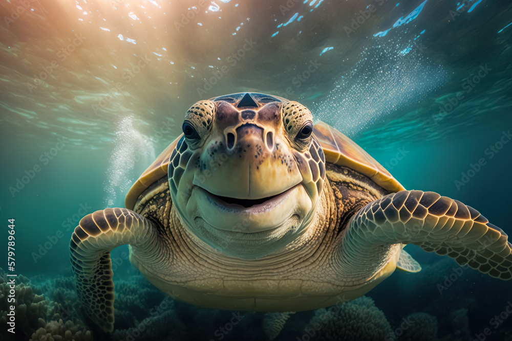 Obraz premium Close up of a sea turtle underwater. Endangered wildlife and ocean ecosystem concept. Generative AI