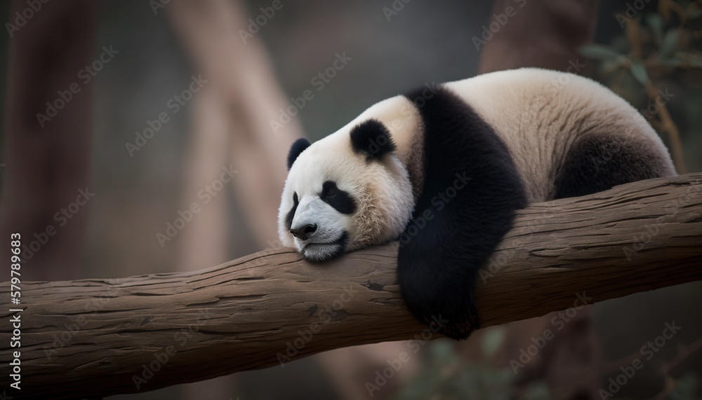 a panda sleeping on a tree branch in a forest with its head resting on ...