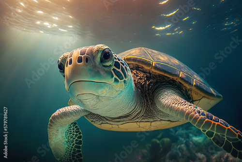 Close up of a sea turtle underwater. Endangered wildlife and ocean ecosystem concept. Generative AI