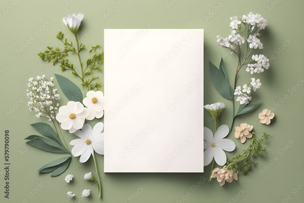 Blank greeting card mockup on green background with white spring daisy flowers and decoration. Spring flat lay composition. Top view with copy space. AI generated.