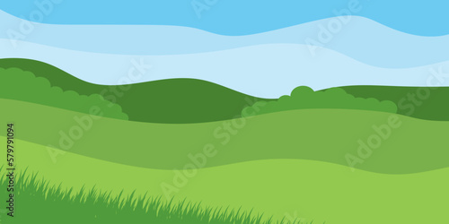 Nature landscape vector background. Illustration of summer fields landscape, green hills, blue sky in flat cartoon style. Natural background, vector illustration