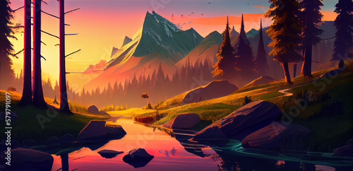sunset in the mountains illustrations