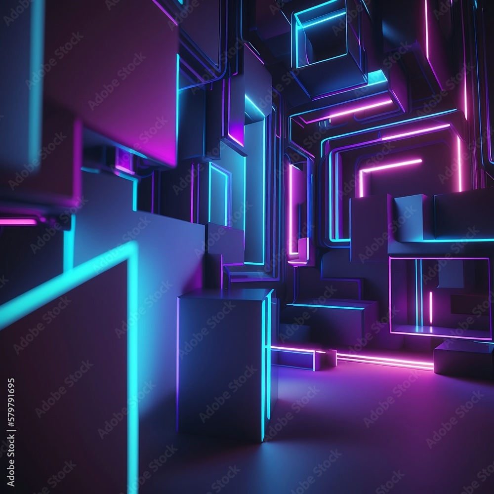 
3D rendering. Abstract futuristic neon background. Lines in the form of green blue pink geometric blocks glowing in the dark. Ultraviolet spectrum. Cyberspace. minimalist wallpaper