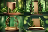 set of wooden podium on forest background, product display pedestal, empty copy space, placement isolated focus, generative ai 