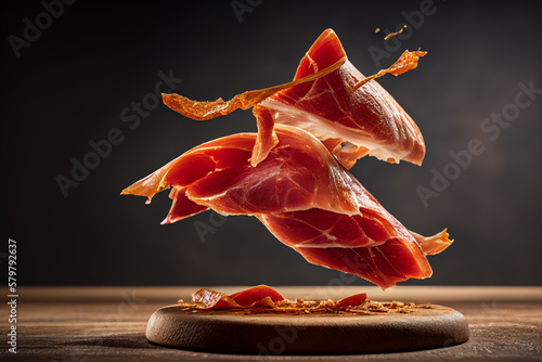 Spanish jamon or Jamon Iberico. Jamon serrano Spanish ham. Spanish eat and spanish pork meat. Ai Generative Illustration. photo