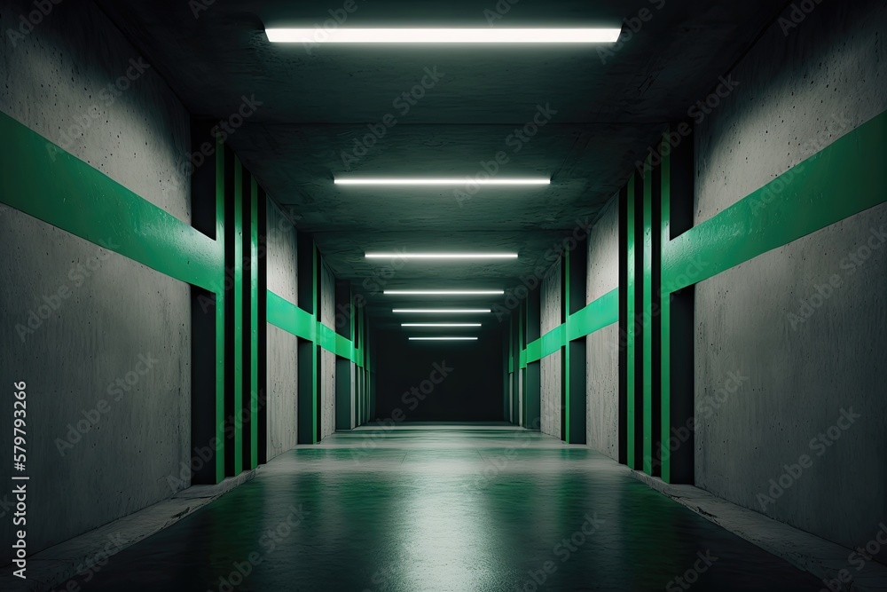 Green glossy underground showroom. Generative AI