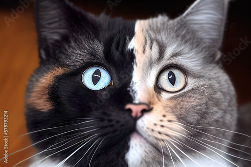 Cat with slit colored face. Cat with unique two tone face. Cat with black and grey color. Generative AI. © wittayayut