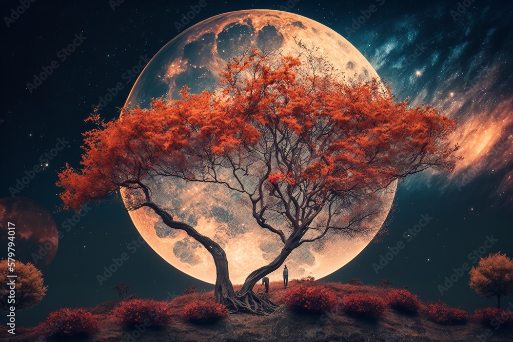 Beautiful Autumn Fantasy Maple Tree In Fall Season And Full Moon With Milky Way Star In Night 3134
