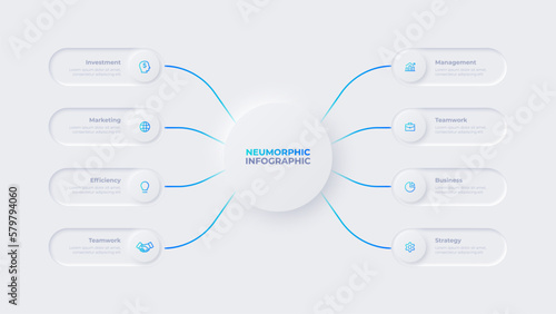 Central circle with rounded elements on the both sides. Neumorphic flowchart infographic with 8 options photo