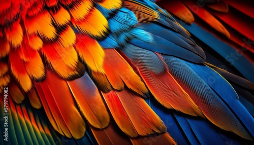 Colorful of Scarlet macaw bird's feathers with red yellow orange and blue shades, exotic nature background and texture Generative AI © Suleyman