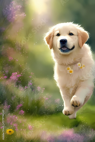 Adoreable Watercolor Spring Golden Retriever Illustration. Created with generative AI technology. Fantasy illustration perfect for books, designs, posters, children stories.