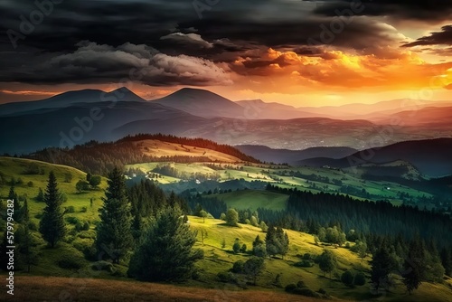 mountainous countryside scenery at sunset. dramatic sky above the distant valley. green fields and trees on the hill. beautiful nature scenery of carpathians Generative AI