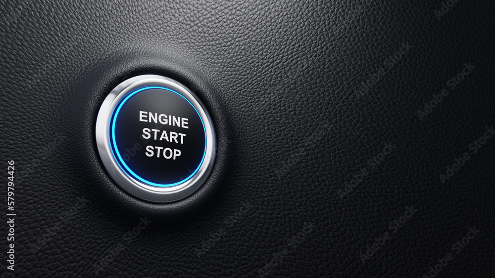 Engine Start Stop push button, Engine Start and stop modern car button with blue shine, Just push the button, 3D illustration Engine Start Stop push button, Engine Start and stop modern car button with blue shine, Just push the button, 3D illustration
