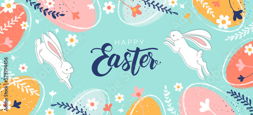 Easter banner template with white bunny,Easter eggs in pastel colors and Hand drawn flowers doodle.Greetings and presents for Easter Day in Modern minimal style.Promotion and shopping template