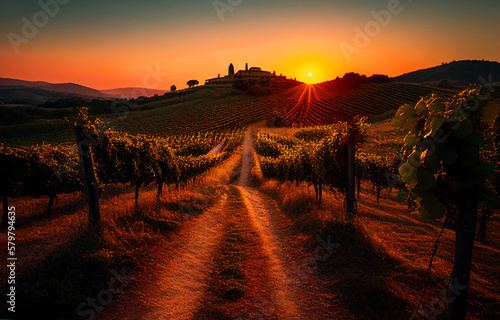 Vineyard village on sunset. Spain hills vineyard  olive trees in autumn season. Vineyard with ripe grapes in a mediterranean country. Farm field in rural. Vineyard with grape rows. Grape valley