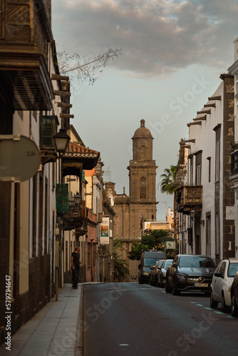 View of old traditional buildings and cathedral in the background in old town in the city of Las Palmas de Gran Canaria, Spain