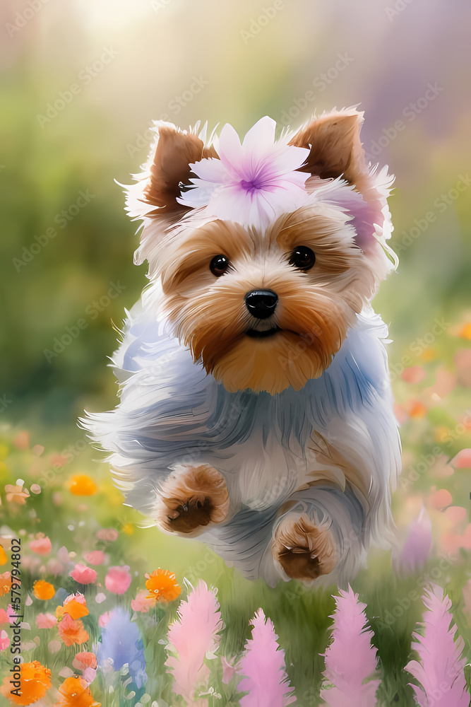 Abstract colorful water color furry dog. Created with generative AI technology. Fantasy illustration perfect for books, designs, posters, children stories.