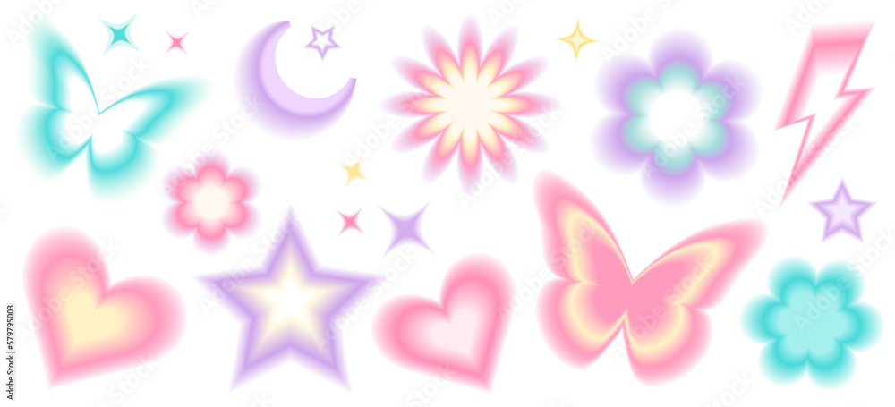 Y2k blurred gradient unfocused set. Abstract geometric shapes in trendy retro style. Heart, flower, daisy, butterfly, star, moon