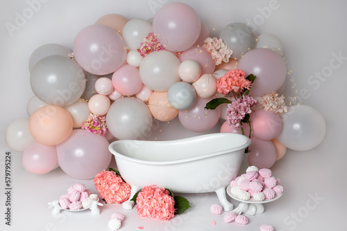 baby milk bath. first birthday. garland of balls, decor decoration for the holiday. marshmallow