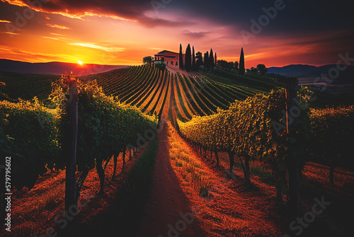 Vineyard village on sunset. Spain hills vineyard, olive trees in autumn season. Vineyard with ripe grapes in a mediterranean country. Farm field in rural. Vineyard with grape rows. Grape valley