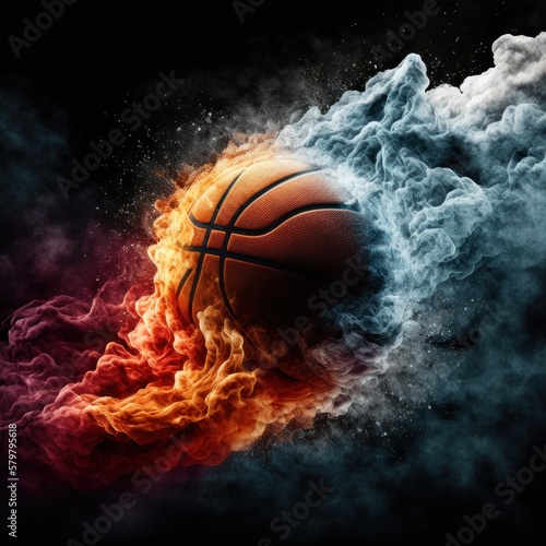 Basketball on hot fire smoke with explode ink art illustration, black background. GENERATIVE AI © nishihata