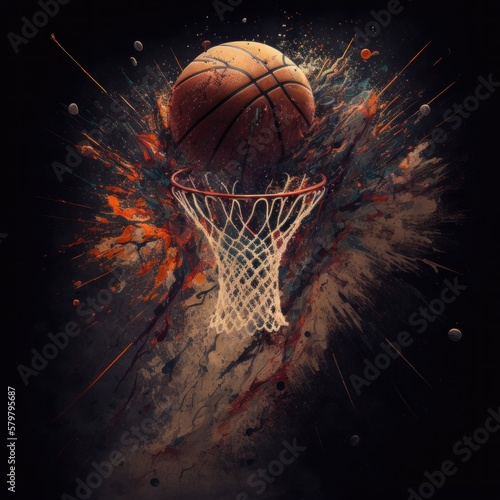 Basketball on hot fire smoke with explode ink art illustration, black background. GENERATIVE AI © nishihata