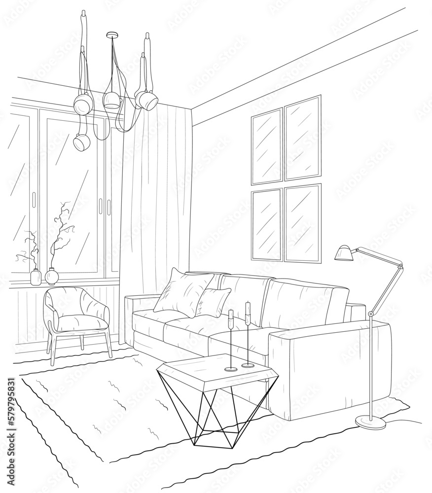 Living room interior. Sketch. Sofa, armchair, coffee table, decor.