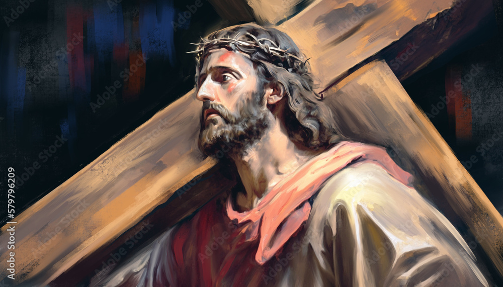 Jesus Christ carrying a heavy wooden cross to Calvary, Good Friday, Holy Easter, art painting, Happy easter. Christian symbol of faith, generative ai - obrazy, fototapety, plakaty 