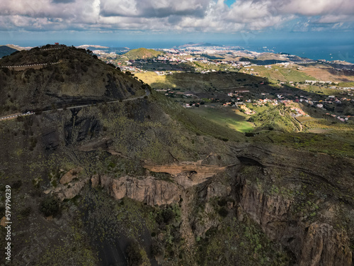 View of edge of Caldera de Bandama crater and surrounding area in Gran Canaria, Spain