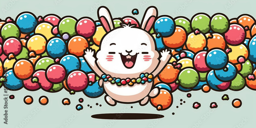 Flat vector design of a Happy, cute, adorable cartoon Easter Bunny jumping out of many colorful easter eggs, vibrant colors. Generative AI