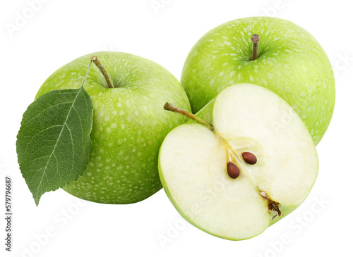 Ripe green apples with apple leaf and apple half isolated on transparent background