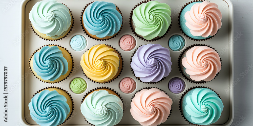 A Celebration of Sweetness: Colorful Cupcakes with Pastel Frosting on a White Table (created with Generative AI) A Celebration of Sweetness: Colorful Cupcakes with Pastel Frosting on a White Table (created with Generative AI)