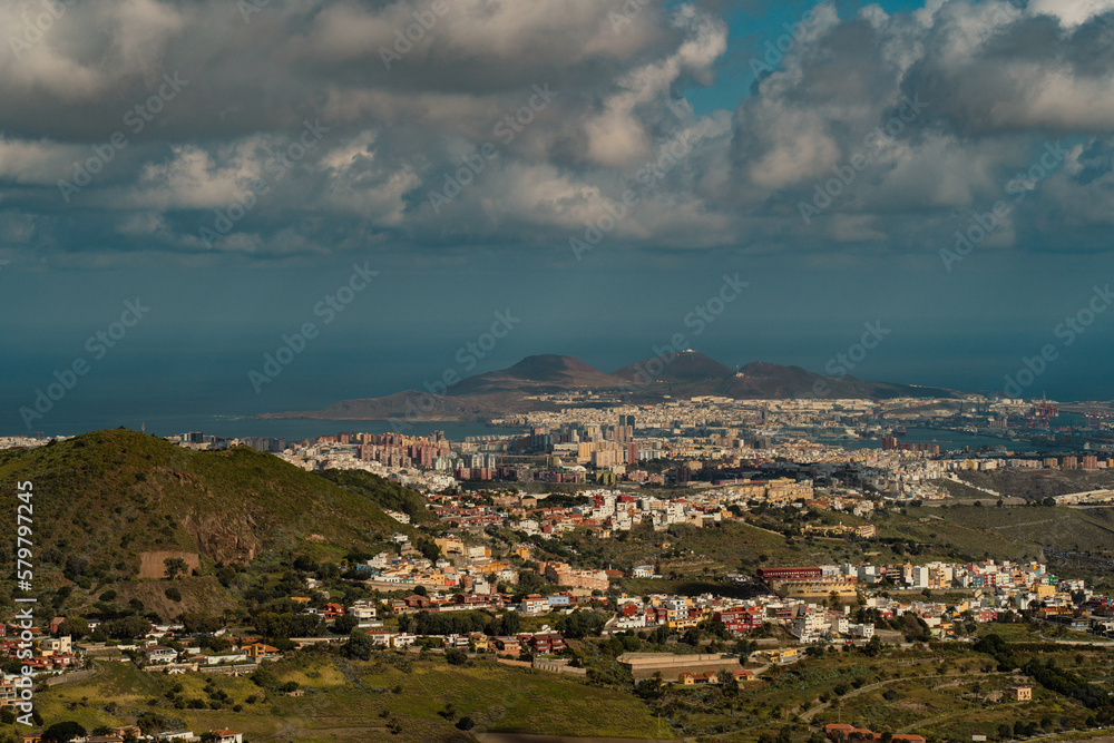 View of Las Palmas de Gran Canaria city from viewpoint in Caldera de Bandama crater, Gran Canaria, Spain
