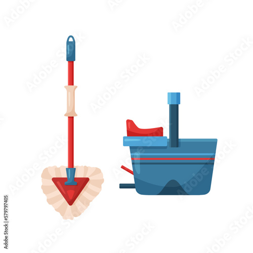Flat set of red mop and blue bucket on square background. Long bristles and handy plastic container for house cleaning and washing. Vector cartoon illustration with bright cleaning kit for poster