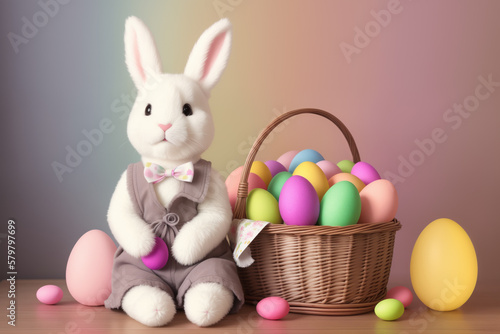 A cute Easter Bunny is sitting with a basket of eggs. Generative AI illustration © k_e_n