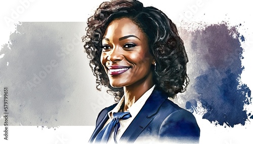 Portrait of a handsome female CEO smiling, african american executive businesswoman, watercolor illustration. Generative AI photo