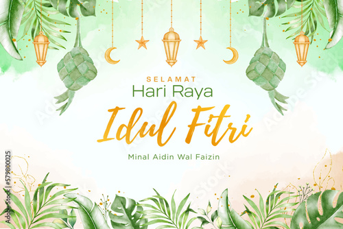Water color Islamic holiday banner, suitable for Ramadan, Eid Fitri, Eid Adha and Maulid.With tropical islamic decor.