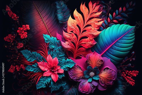 Tropical flowers and leaves  dark background. AI