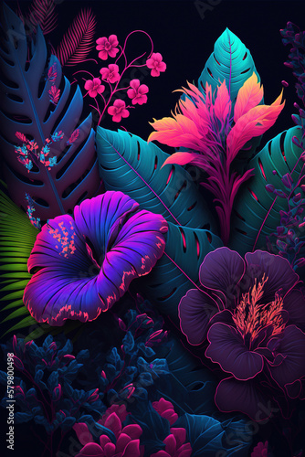 Tropical flowers and leaves, dark background. AI