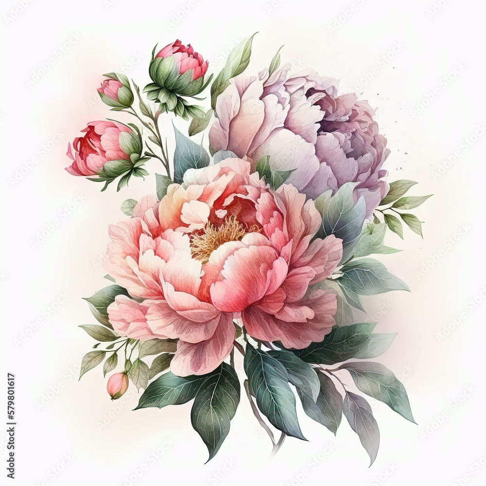 Watercolor peonies illustration. Wedding invitation. Botanical art print. Ai generated