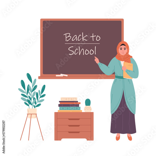 Muslim female teacher at classroom near blackboard. Education, lecture and lesson at school. Vector illustration in flat style