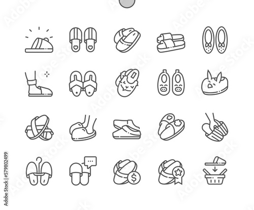 House slippers. Home shoes. Children slippers. Buy, price and reviews. Pixel Perfect Vector Thin Line Icons. Simple Minimal Pictogram