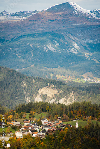 The village of Versam in front of the skiresort of Flims and Laax in Graubünden, Switzerland photo