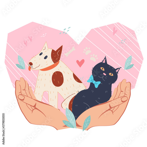 Pet care and adoption, charity work for homeless animals, flat cartoon vector illustration isolated on white background. Veterinarian help. Dog and cat in hands.