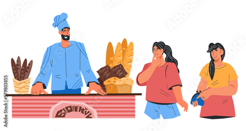 Bakery scene with buyers in bakery shop or bakehouse and baker characters, flat cartoon vector illustration isolated on white background. People buy bread and pastry.