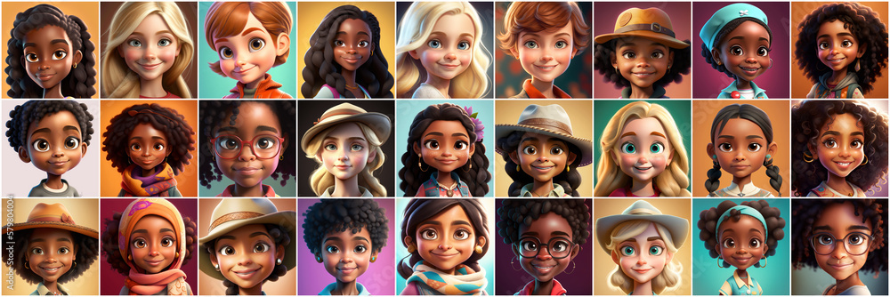Female avatar set. Collection of portraits of women cartoon characters. Various nationality. African American, redhead, blonde, brunette, illustration in cartoon style, - Post-processed Generative AI