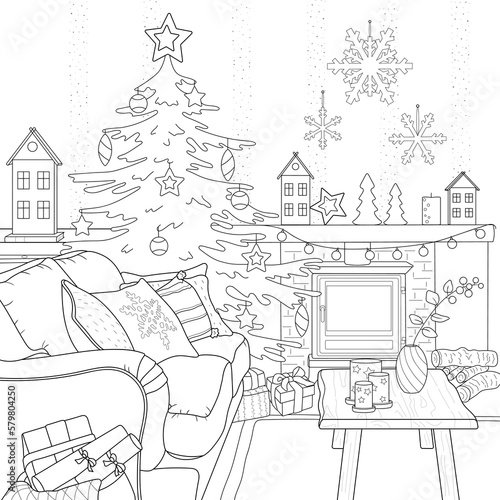 Interior. Living room decoration for Christmas and New Year. A cozy sofa, a Christmas tree and a festive decor by the fireplace.Vector illustration, coloring book.