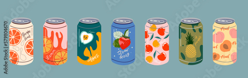 Various delicious carbonated drinks. Vector set of soft drinks in aluminum cans. Hand drawing. Carbonated water with different fruit flavors. Fashion illustration. All elements are insulated